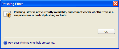 Phishing Filter - Phising Filter is not currently available, and cannot check whether this is a suspicious or reported phishing website. - How does Phishing Filter help protect me?